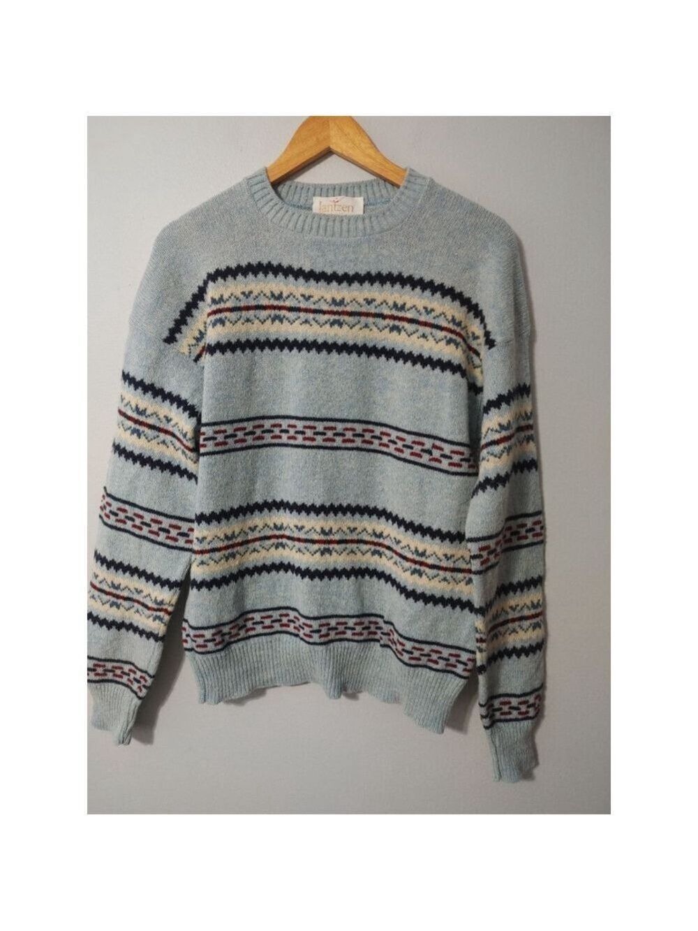 Men's Vintage 80s Jantzen Crewneck Sweater M Fair Isle Light Blue w/ Navy, Red